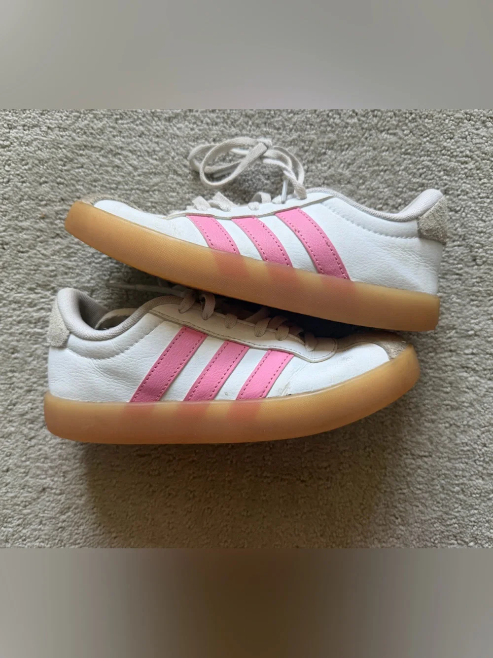 adidas Kids White Sneakers with Pink Stripes and Gum Sole